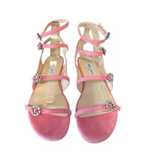 Jimmy Choo Naia Pink Suede Crystal Buckle Gladiator Flat Sandals 39